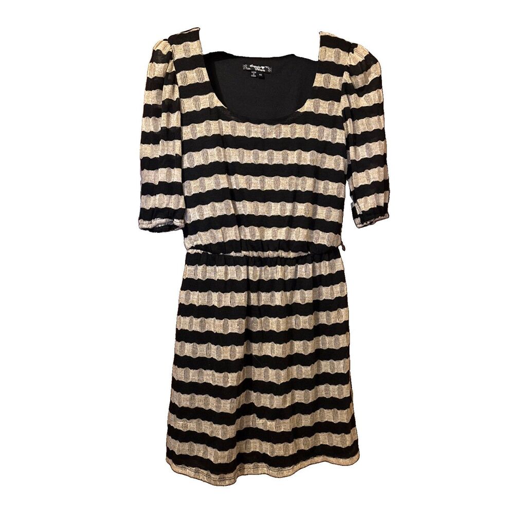 Women’s Sequin Hearts 3/4 Sleeve Dress Black Metallic Gold Stripes Size XS Mini